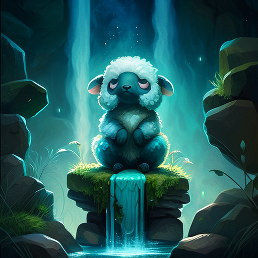 Cute meditating sheep in teal on waterfall