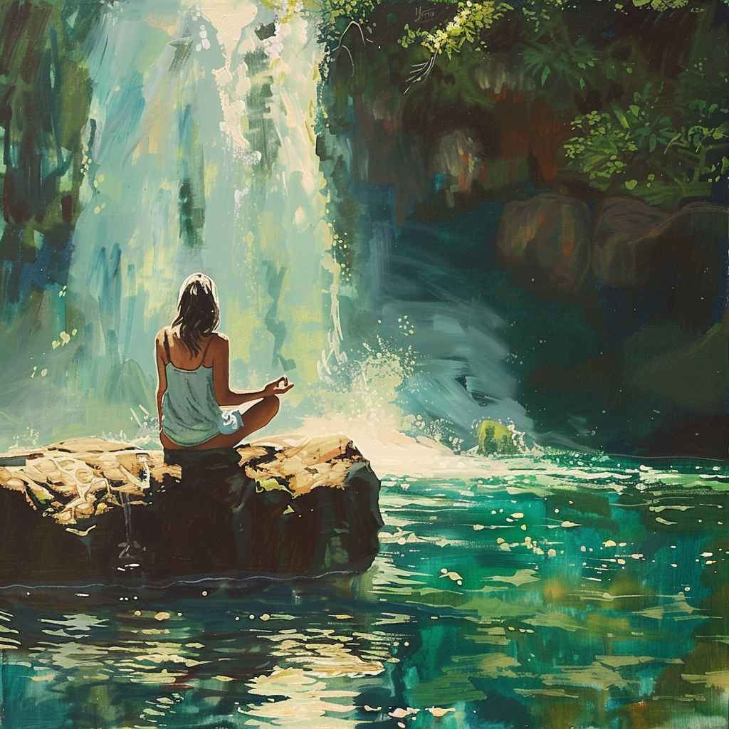 Person meditating in sunny waterfall