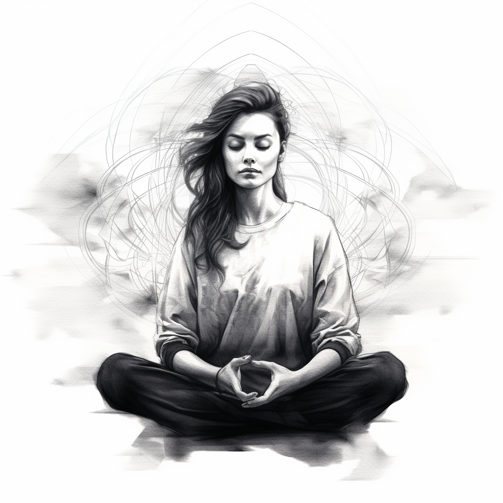 Meditating woman in black and white sketch