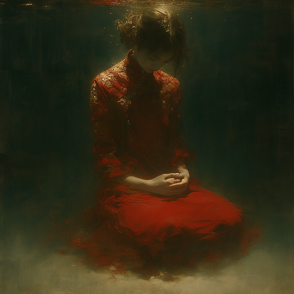 Meditating Chinese Woman in Red Outfit Underwater