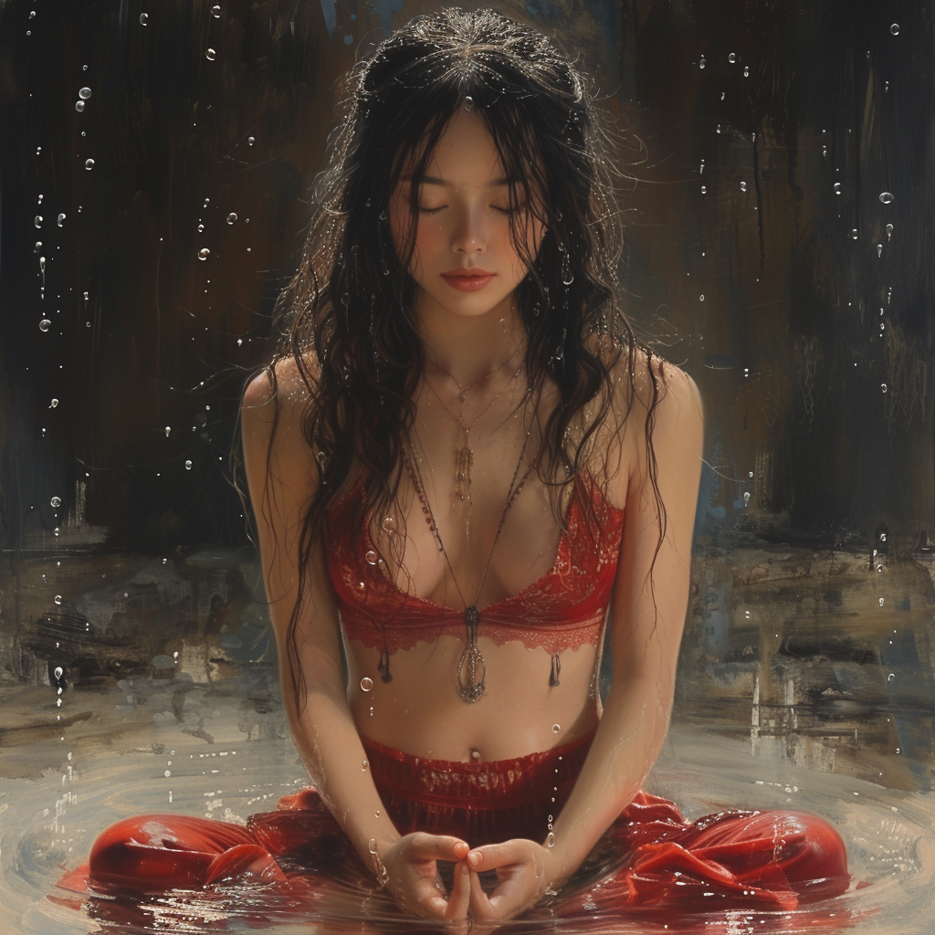 Meditating Chinese Woman in Red Outfit