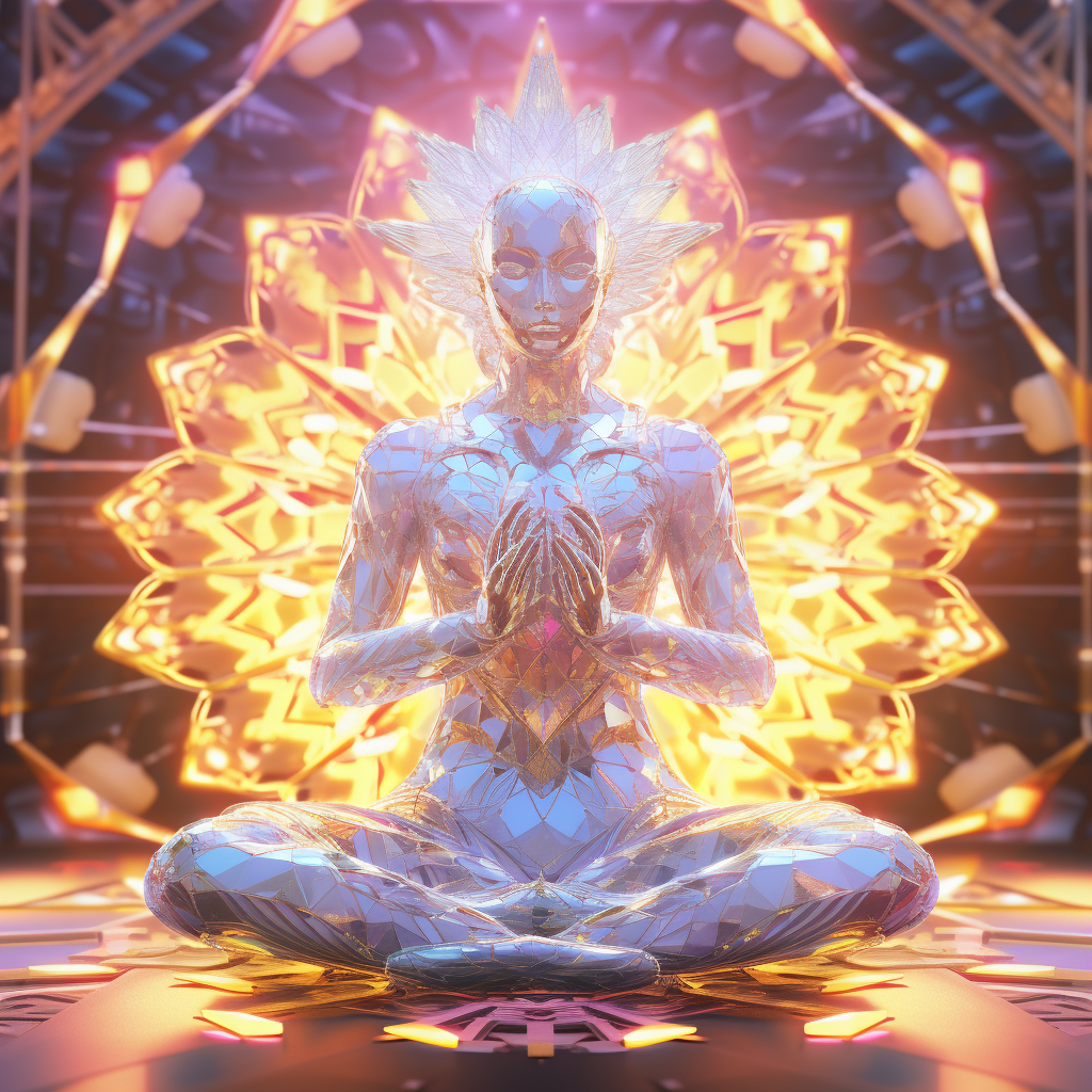 Meditating deity with holographic gold reflections