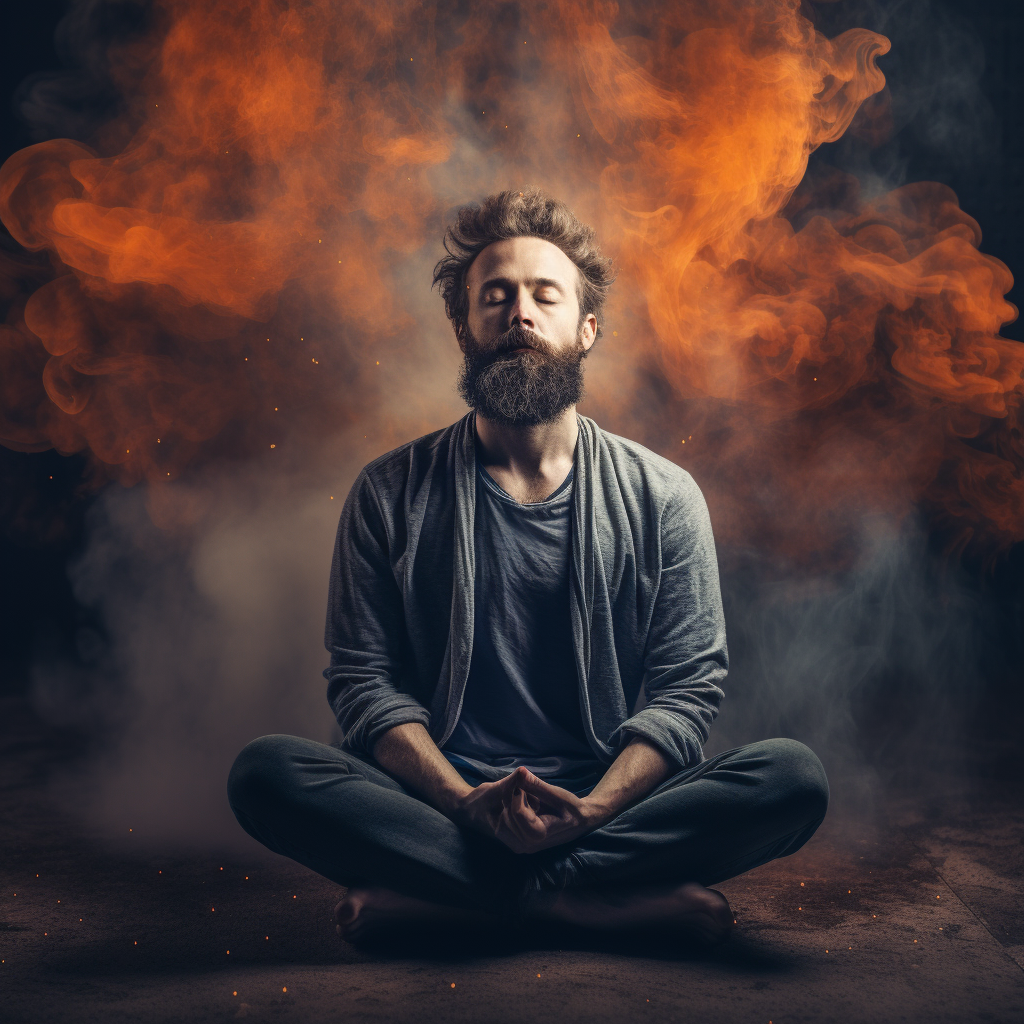 Man meditating, stressed out, annoyed