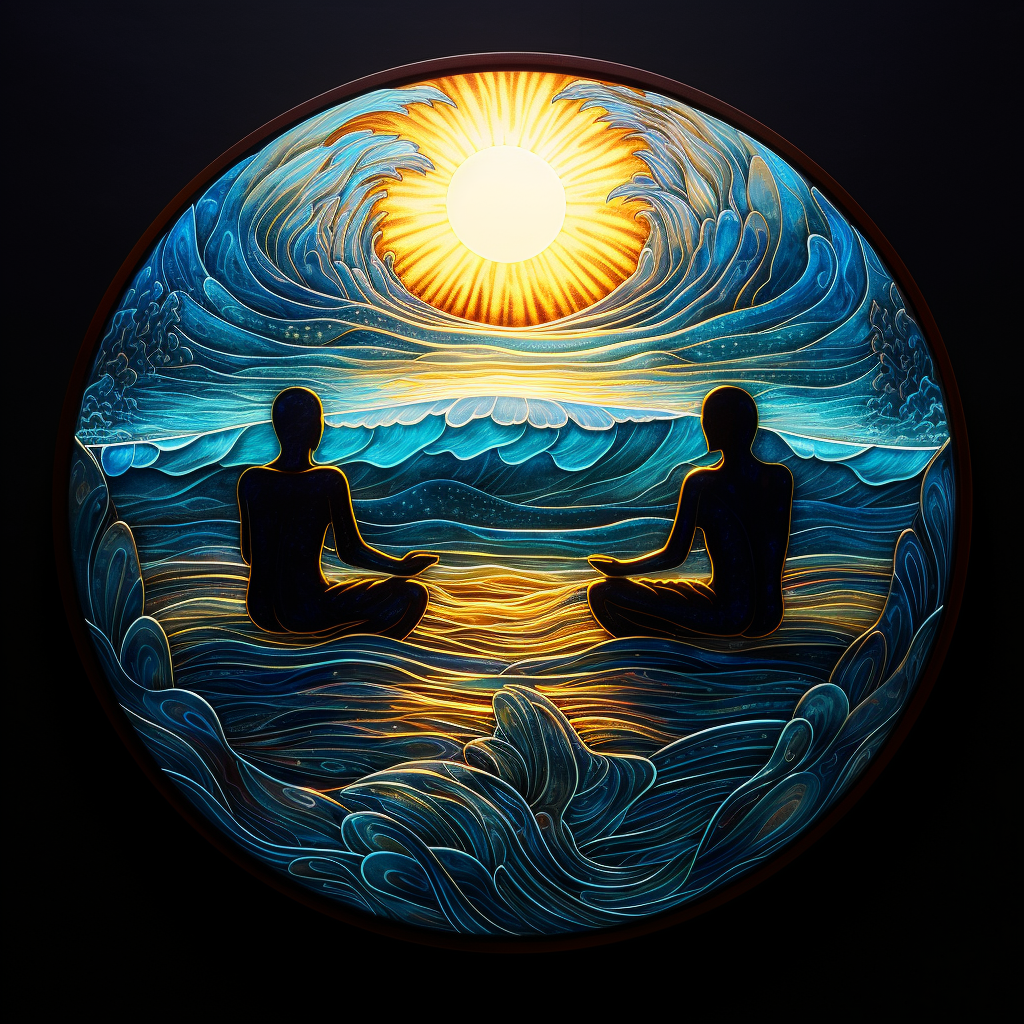 Group of meditating surfers finding enlightenment