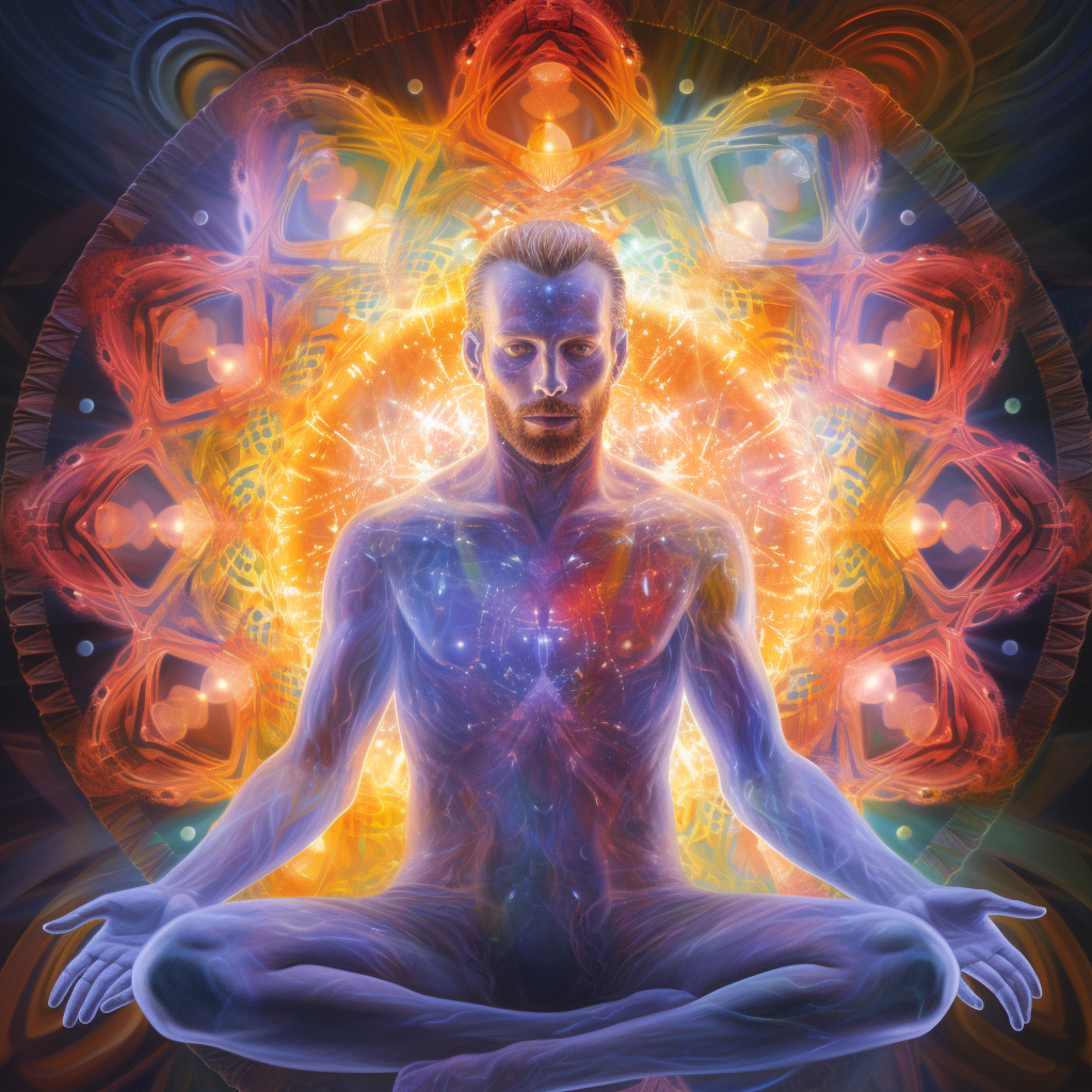 Meditating man with vibrant chakras