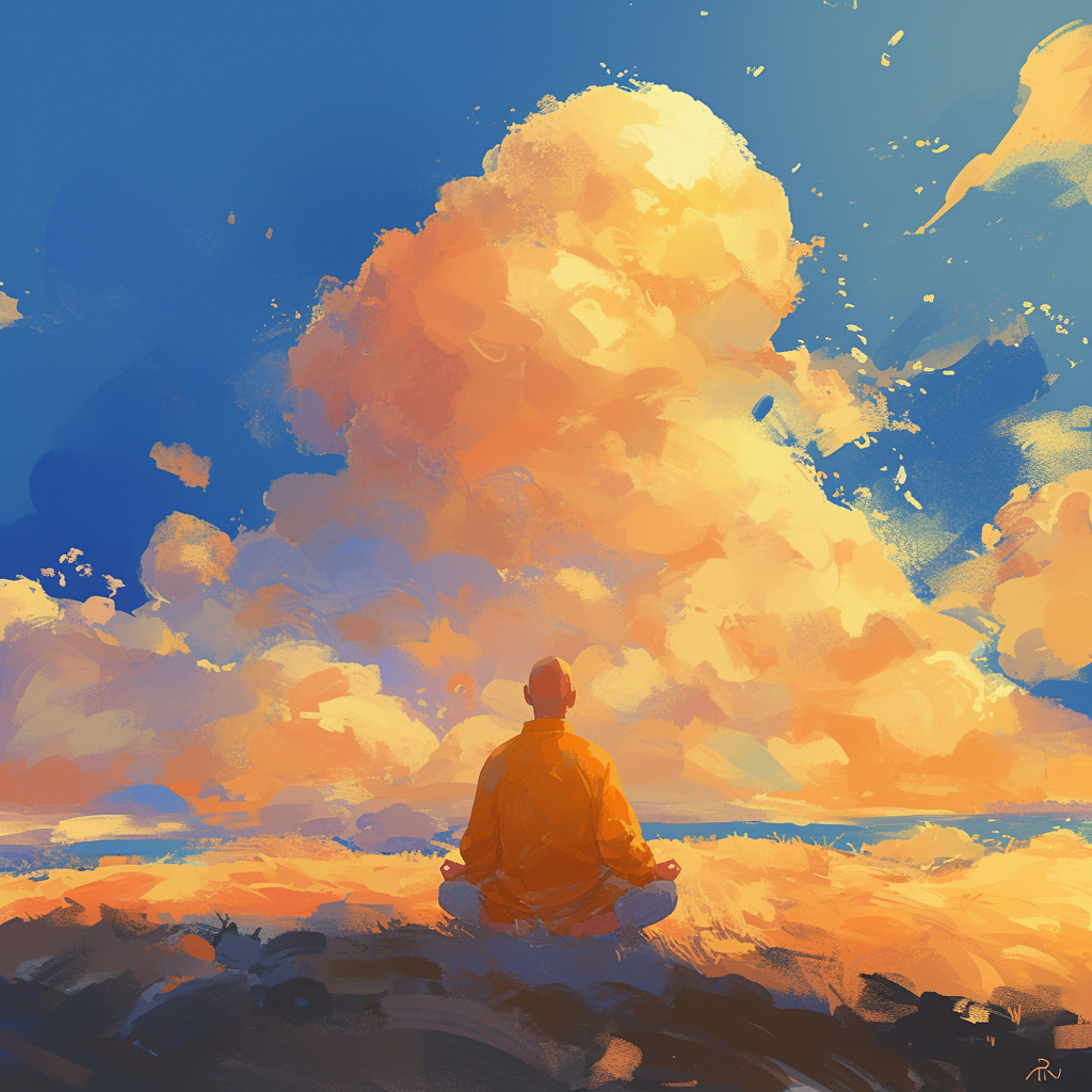 man meditating on clouds painting