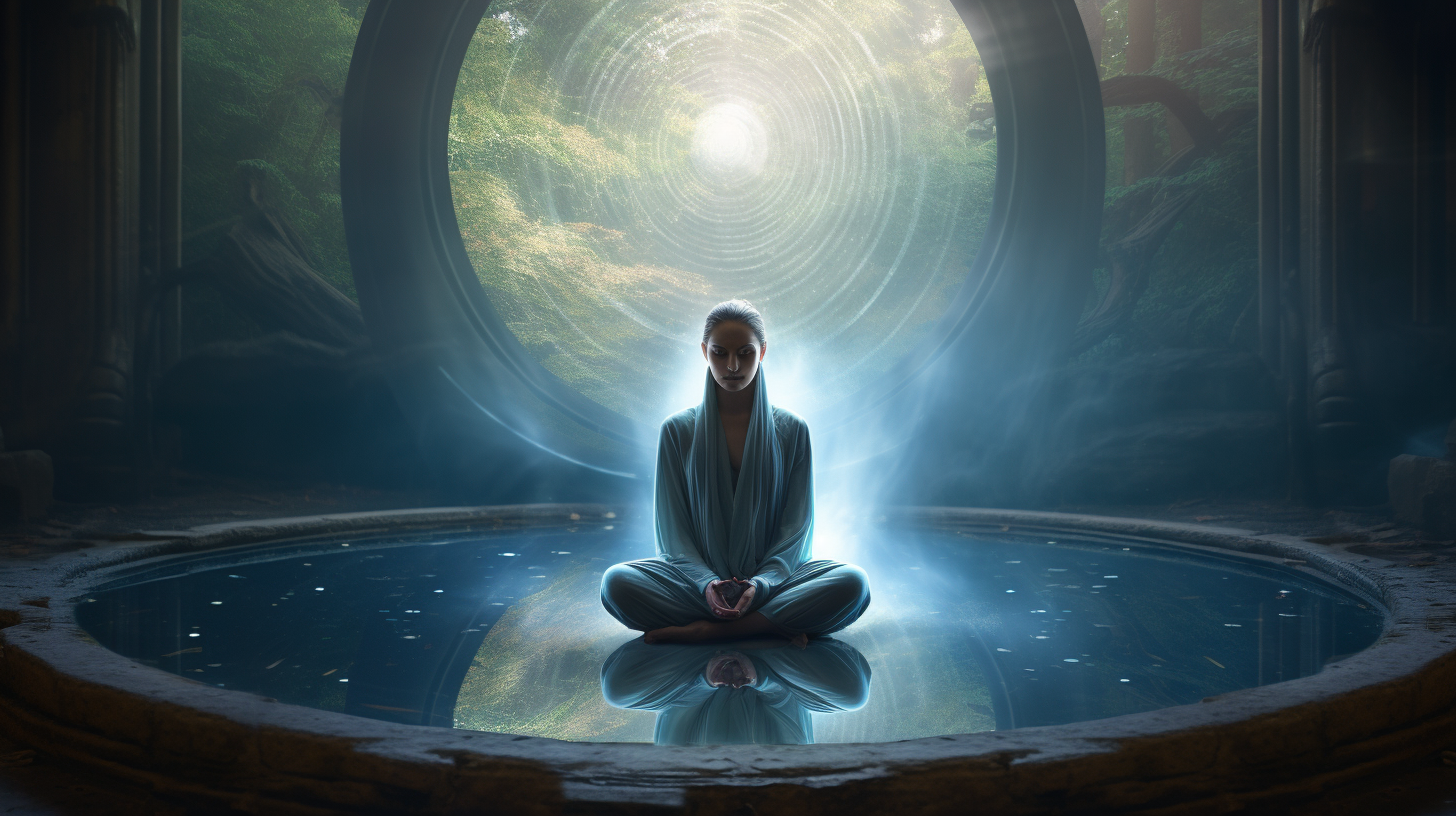 Meditator gazing into mirror with mystical light