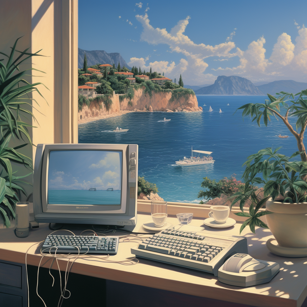 Computer overlooking Mediterranean architecture