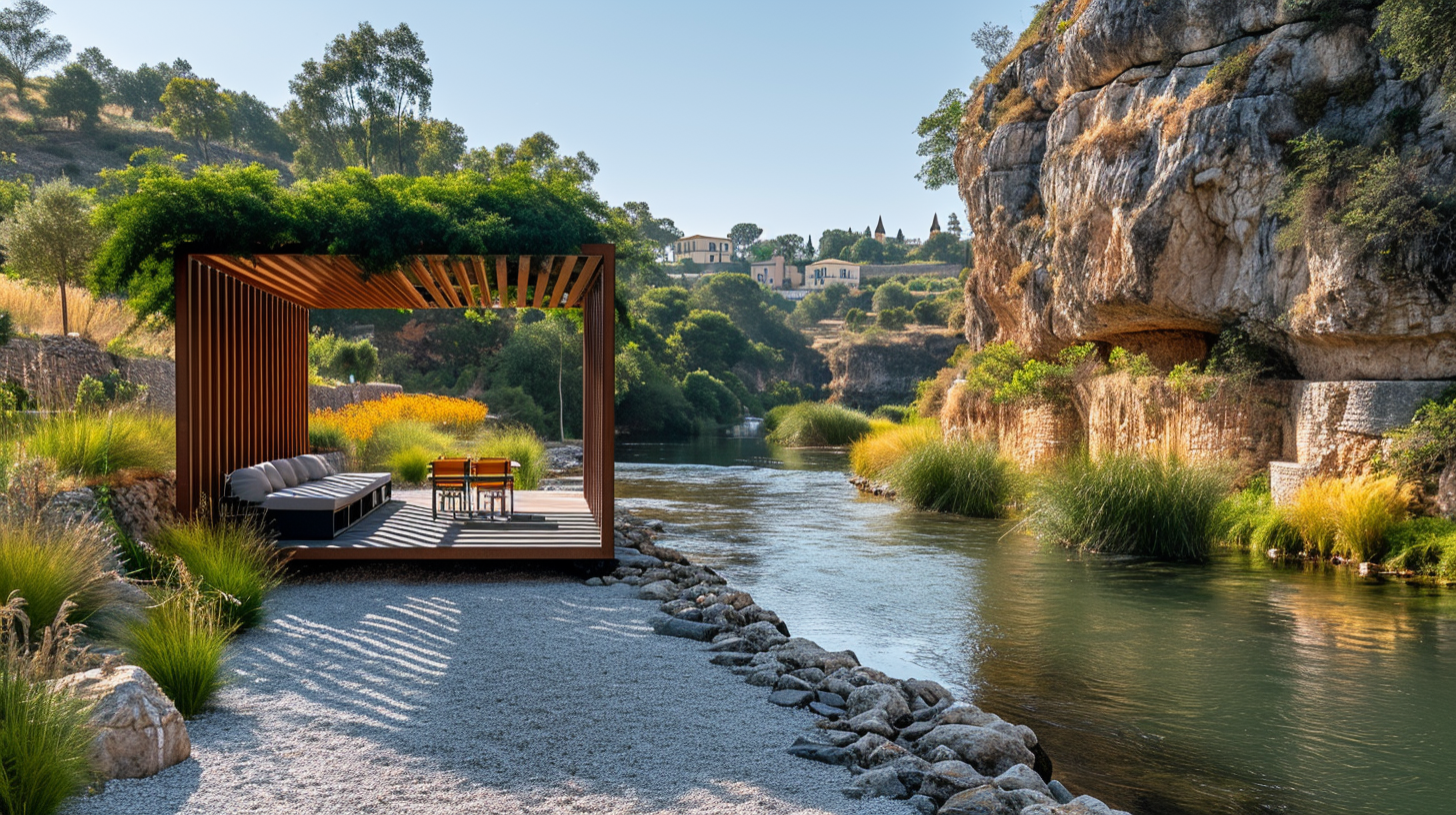 Minimalist pergola with people resting near river in Toledo