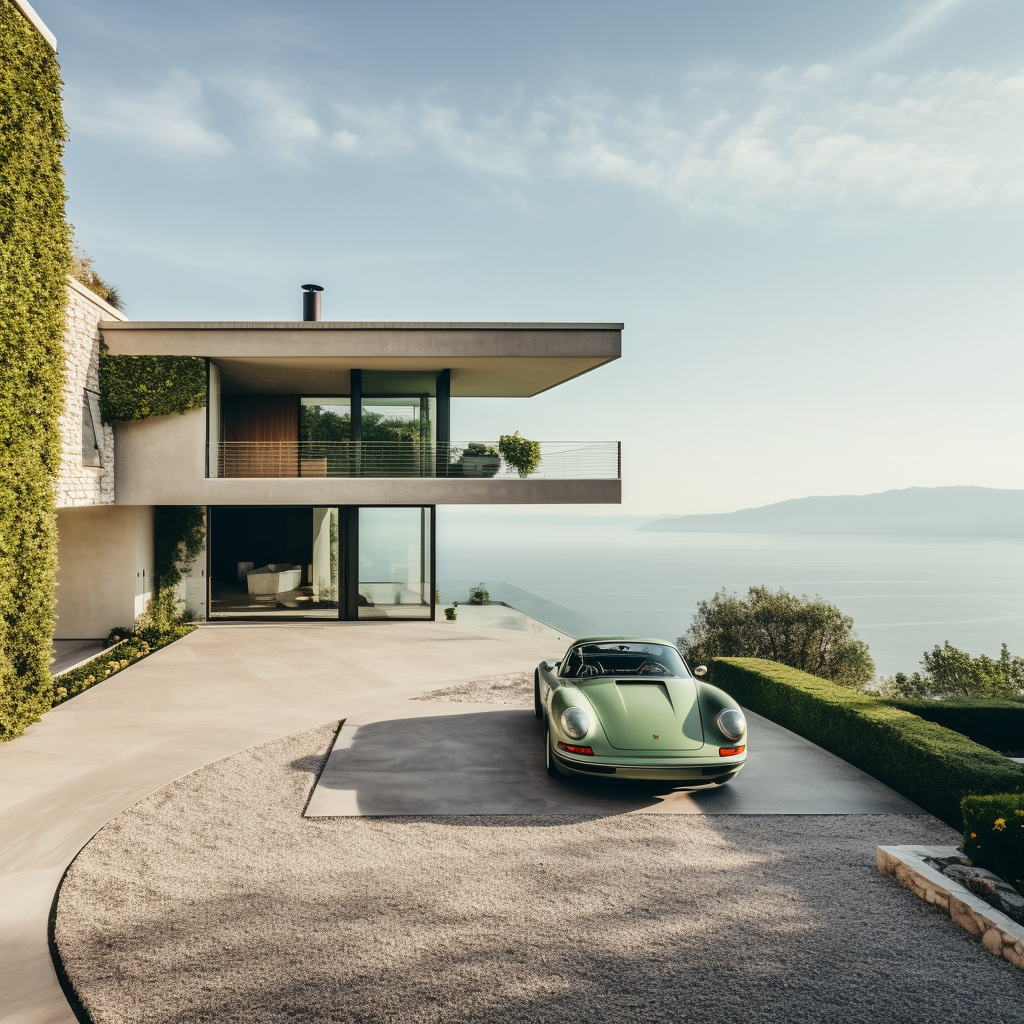 Beautiful Mediterranean architecture with olive green Porche