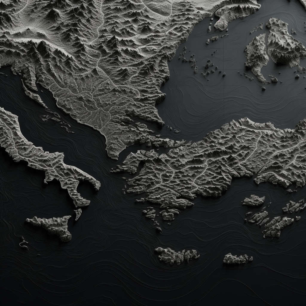 Black and white map of Mediterranean Sea