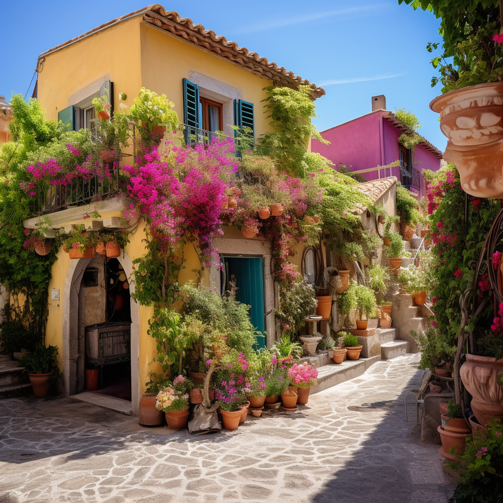 Colorful Mediterranean Home with Flowers and Plants