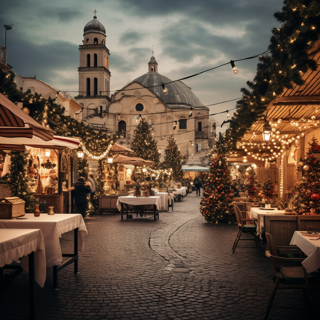 Colorful Christmas market in Mediterranean town