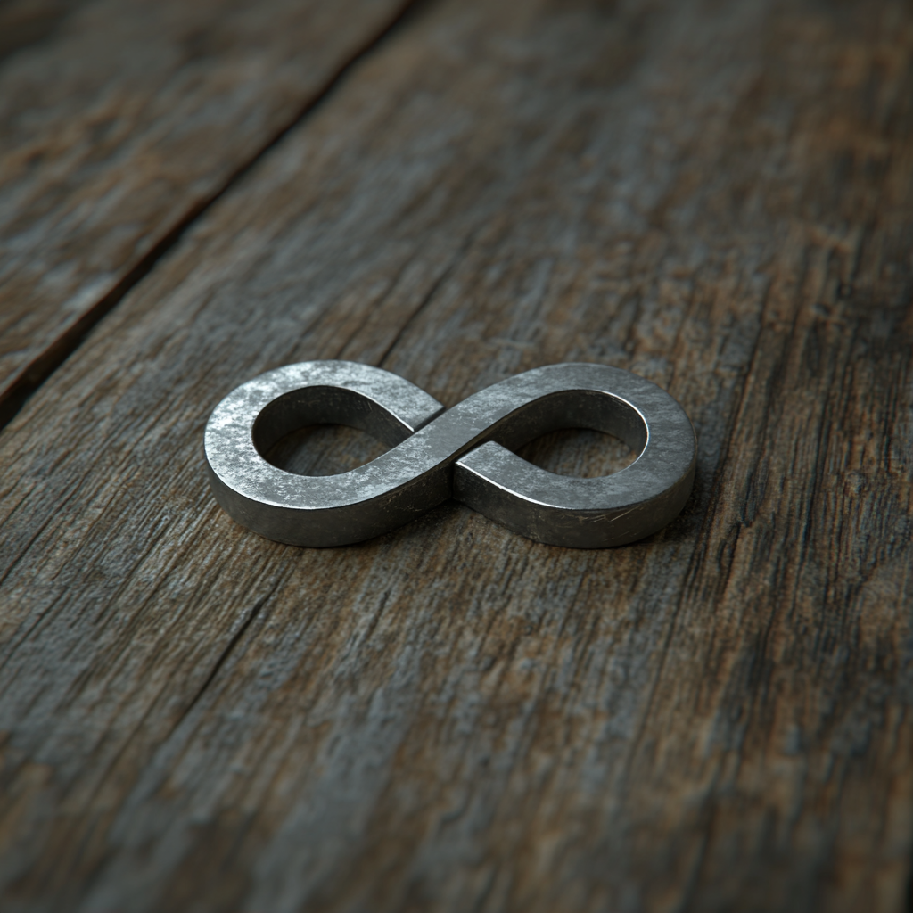 metal infinity symbol token on wooden floor close up