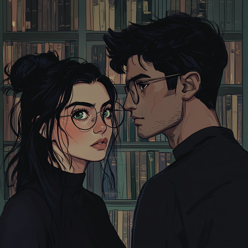 mexican woman with messy bun and round glasses gazes at man in library