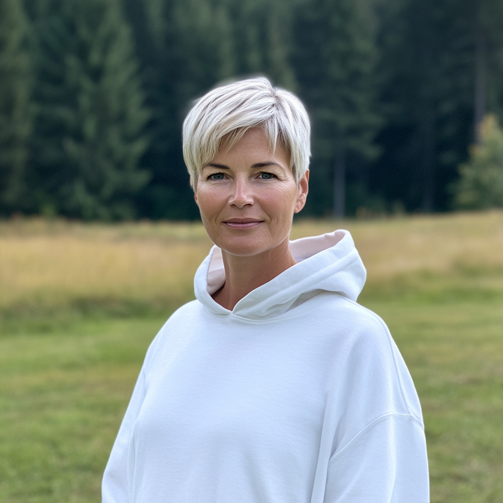 Caucasian woman in white hoody