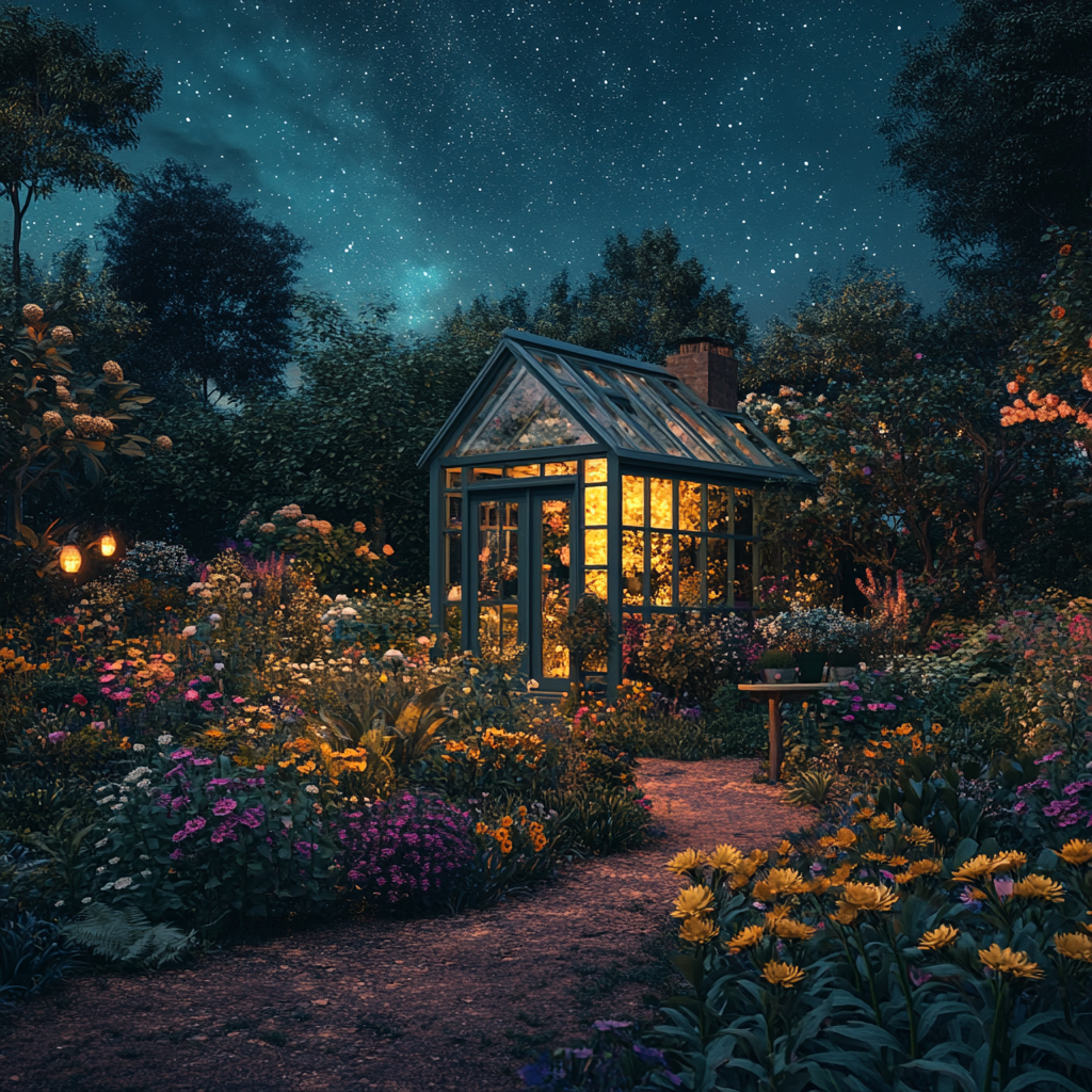 Peaceful garden under moonlight