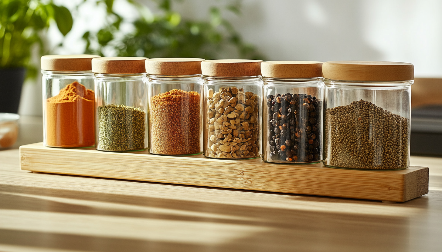 Colorful spices in glass jars