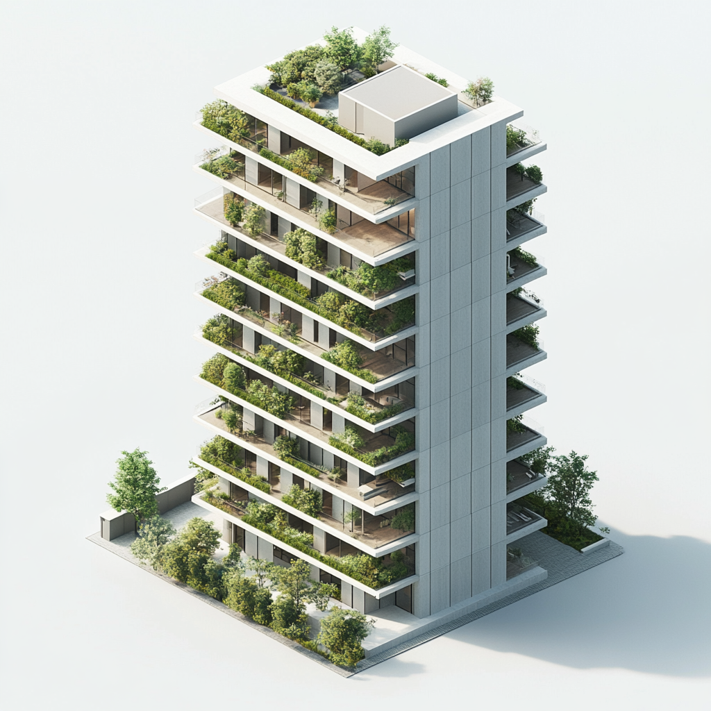 Isometric photo of minimalist green building