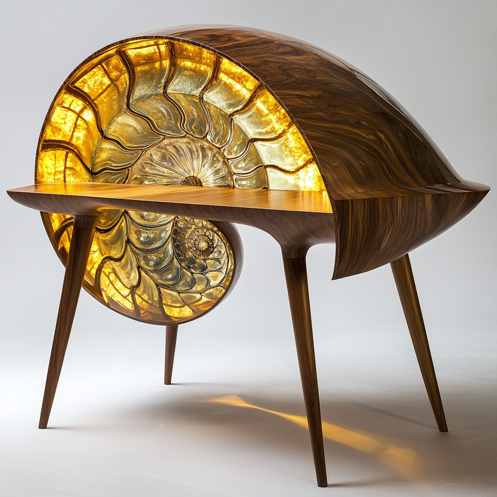 Modern ammonite fossil desk surface concept