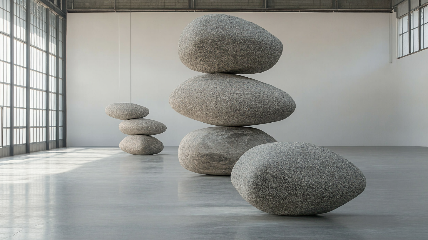 Modern art sculpture stones suspended stairs