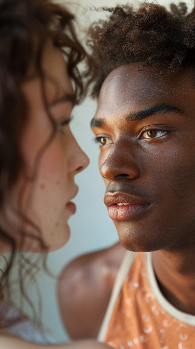 Black man looking at white woman