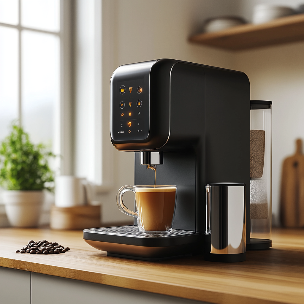 modern coffee machine on wooden countertop