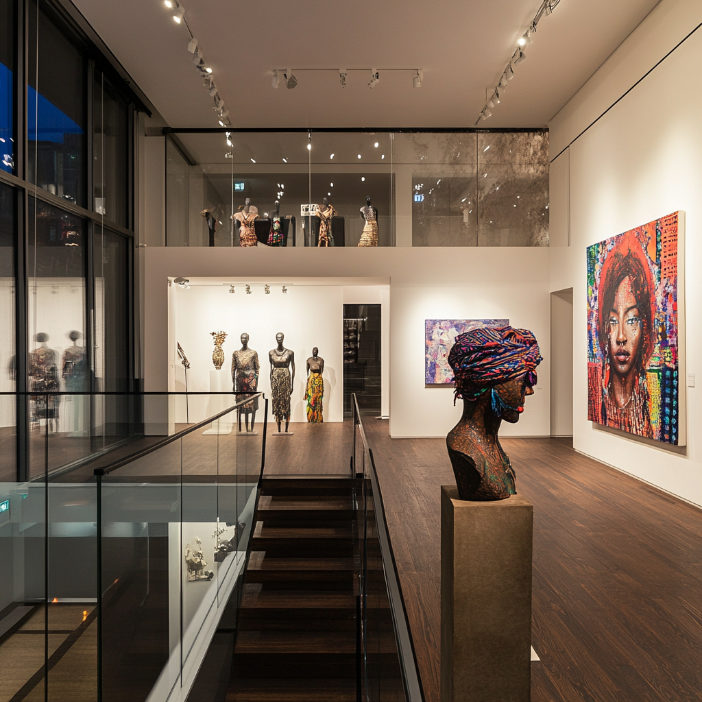 modern gallery with afro-asian art, dj, fashion, clay structures