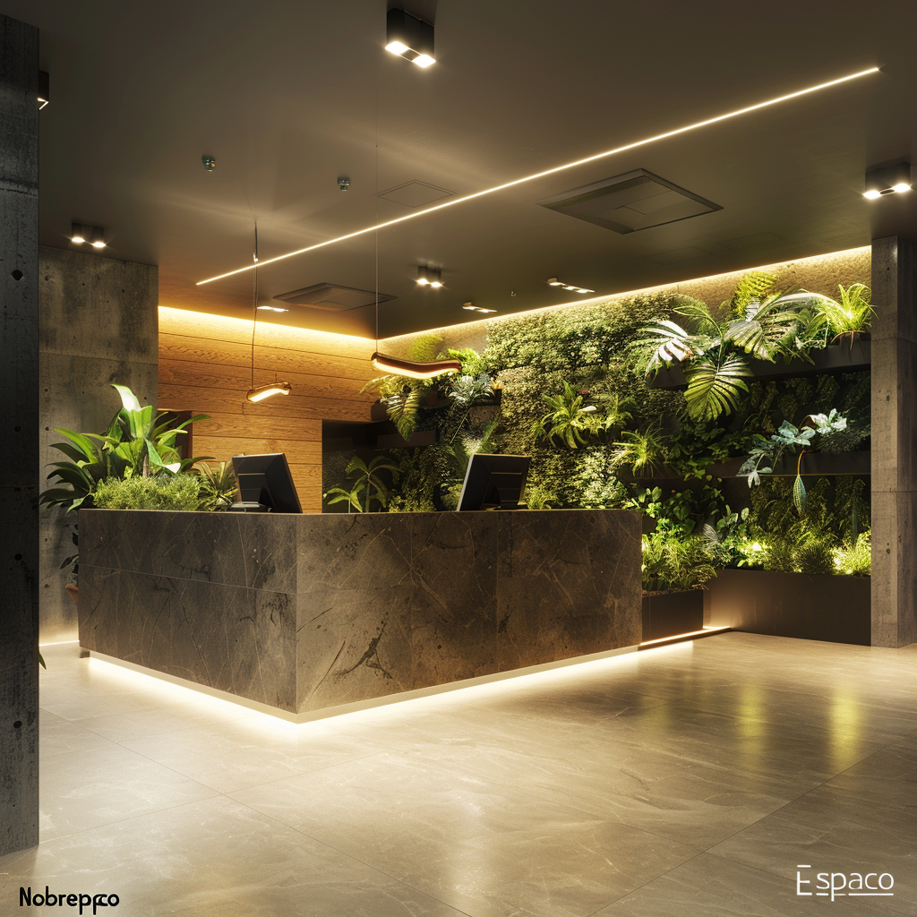 modern hotel reception desk plants