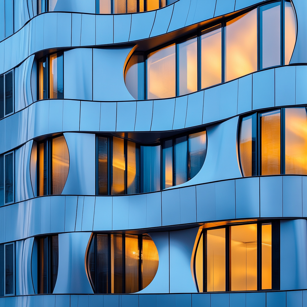 modern urban building with wavy façade design, golden light.