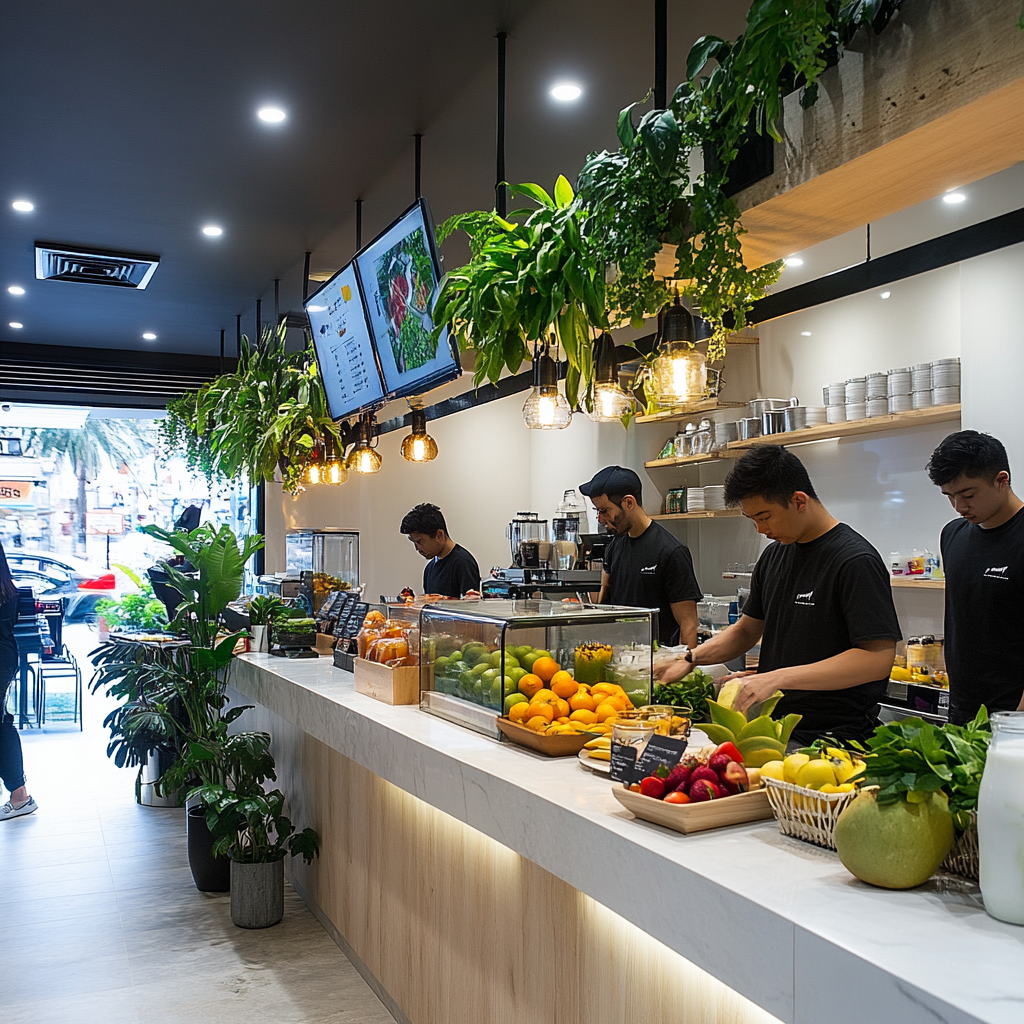 Workers blending fruits in vegan juicebar