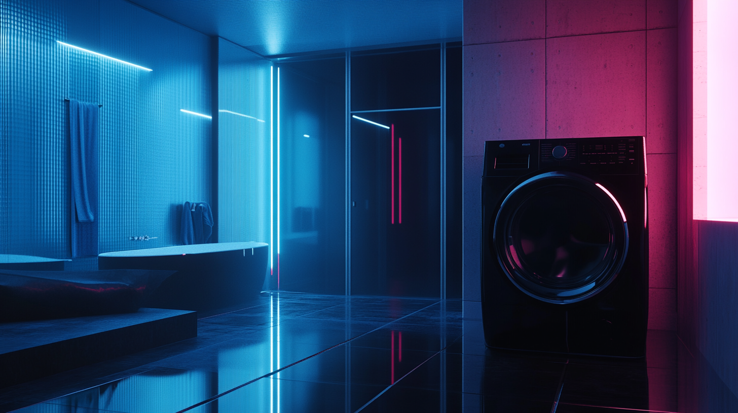 Modern washing machine on blue background