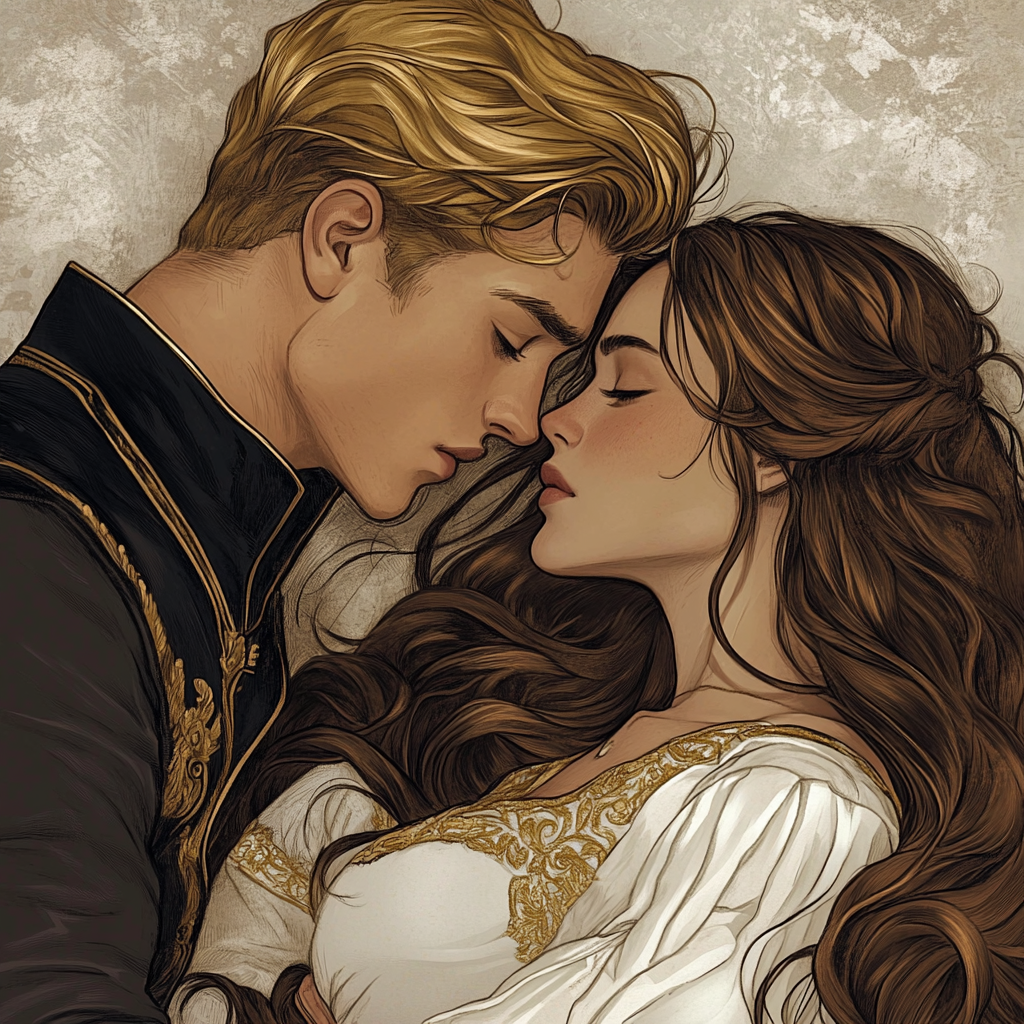 Woman kissing sleeping prince illustration