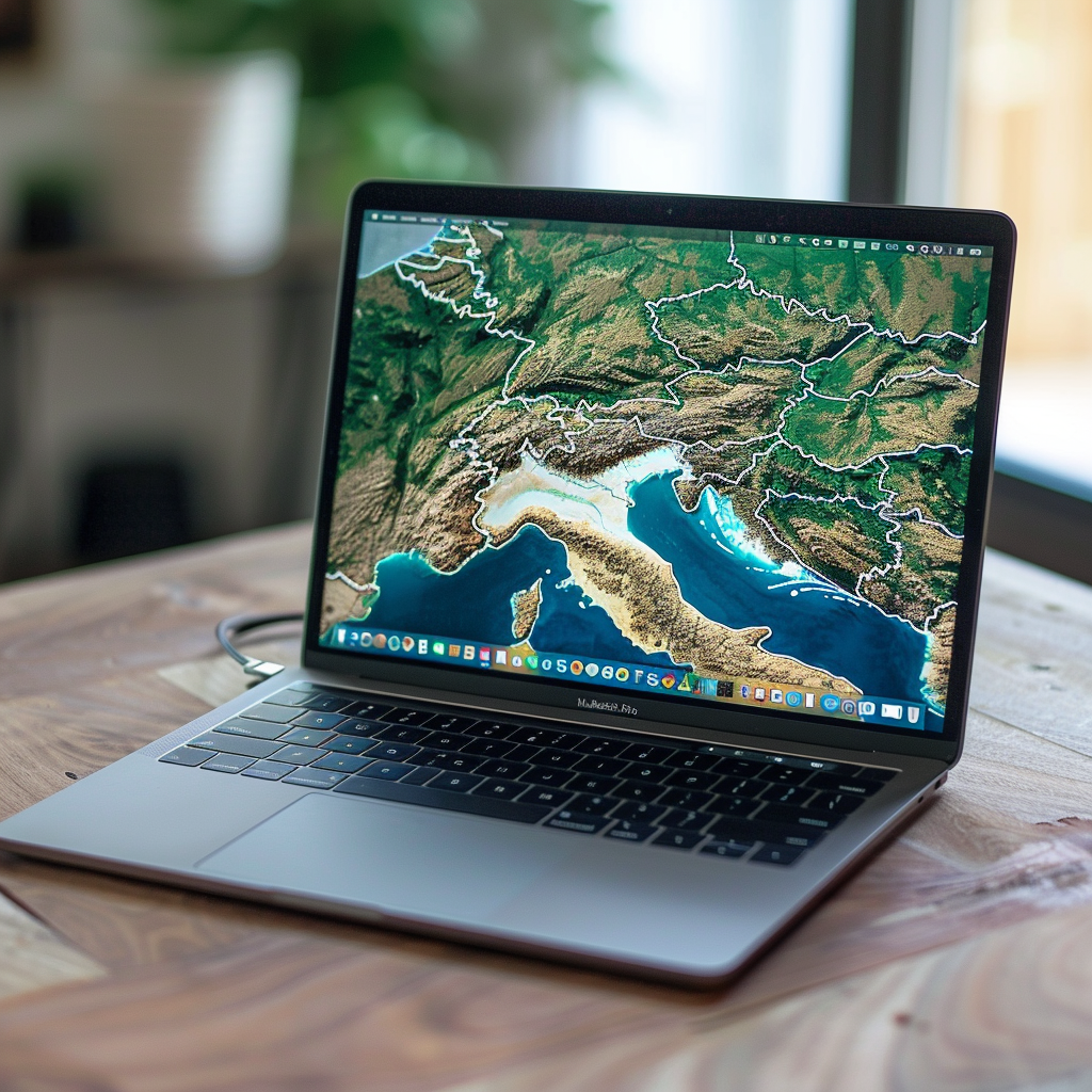 Macbook on modern wooden table with Iberian Map