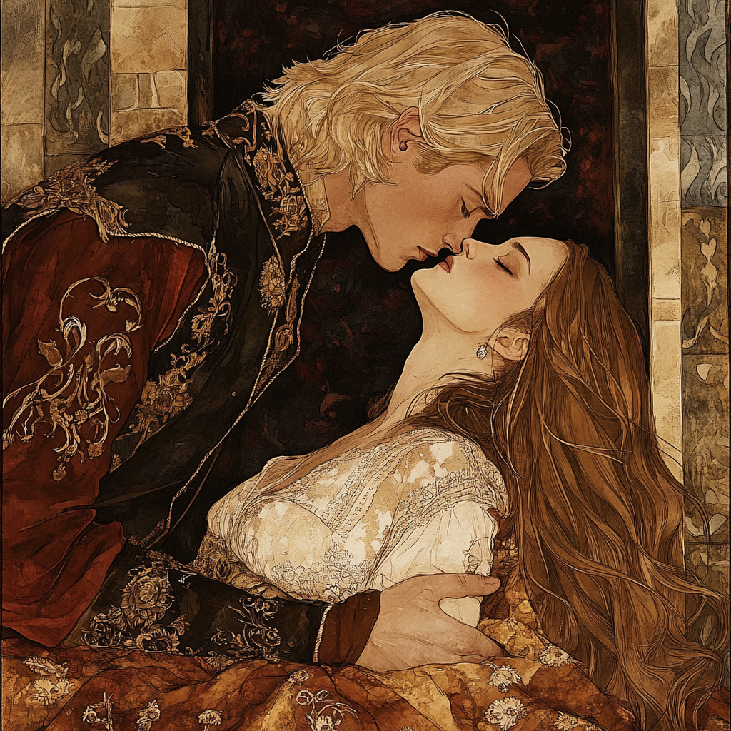 Sleeping prince being kissed by woman