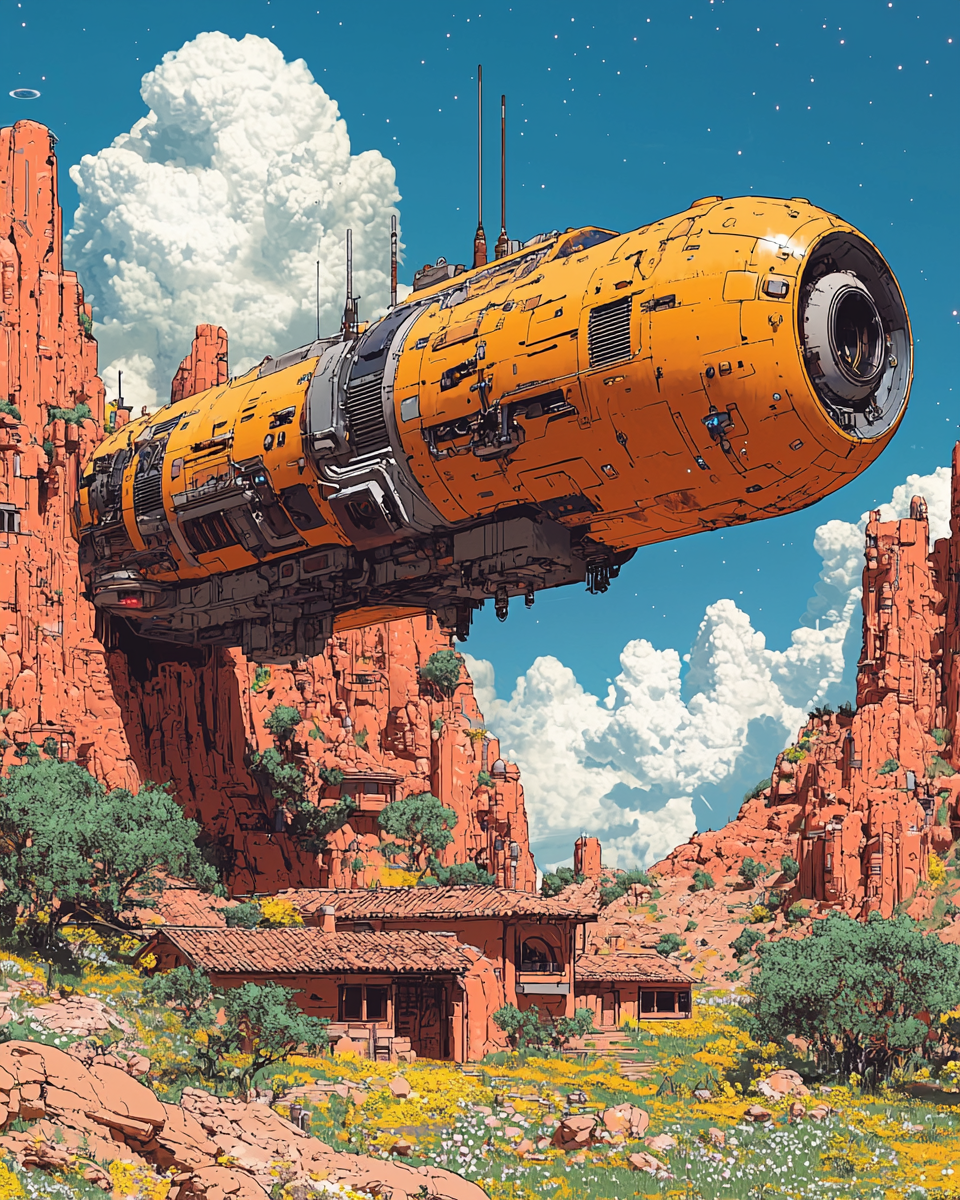 moebius concept art with hovering retro space craft house