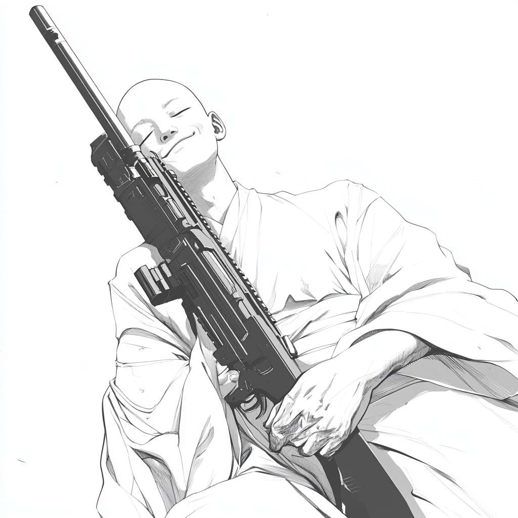 Monk with Rifle on White Background