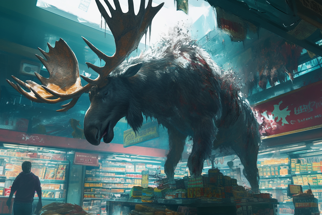 large monstrous moose in dark store