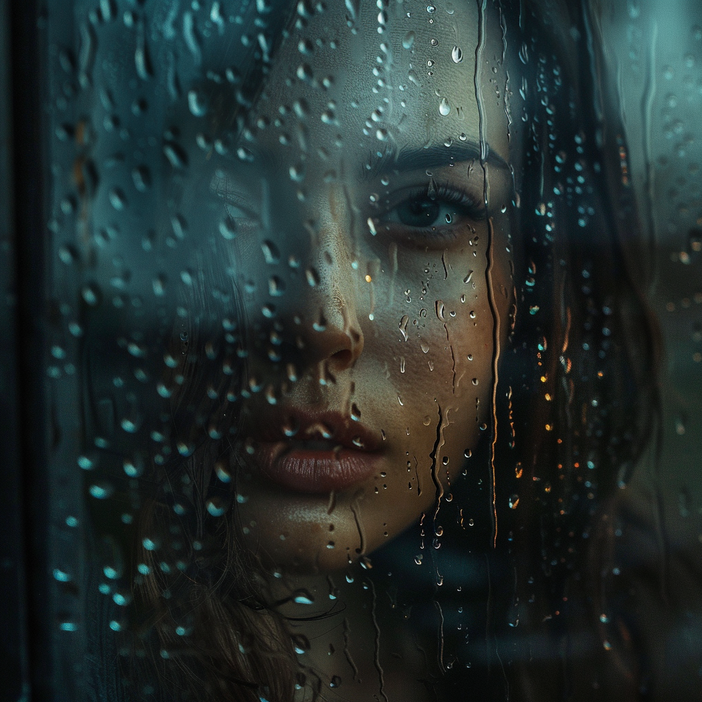 Woman Standing Rainy Window Reflection