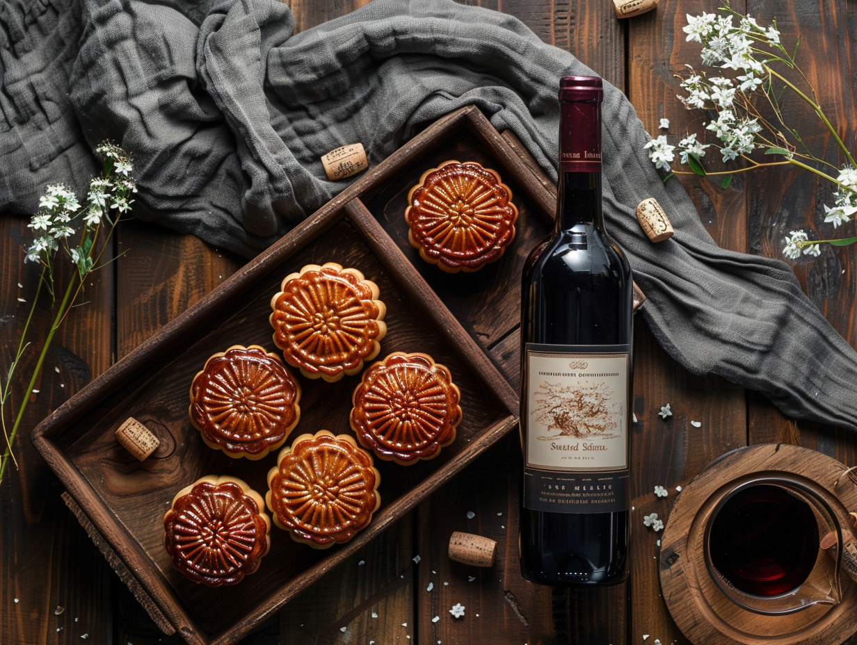 Mooncakes and Red Wine on Tray