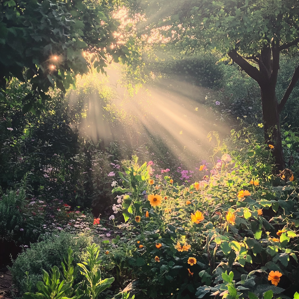 lush garden morning light flowers