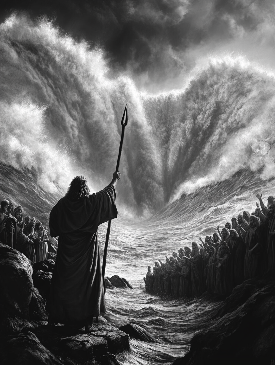 Moses splitting Red Sea with staff