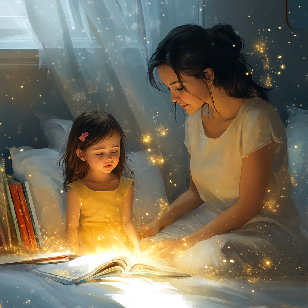 upset mother daughter bed illustration