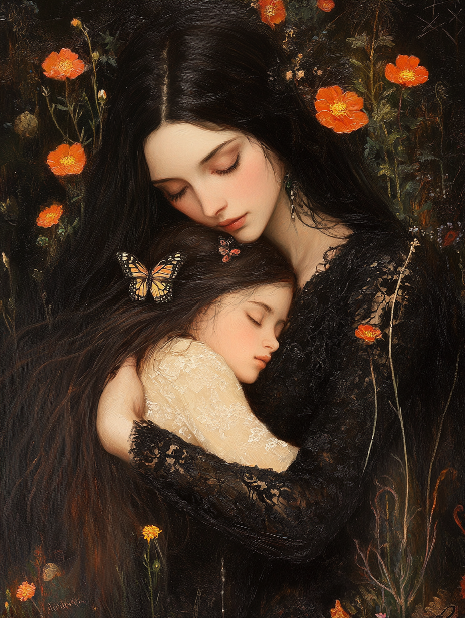 Mother Daughter Embrace Dark Painting