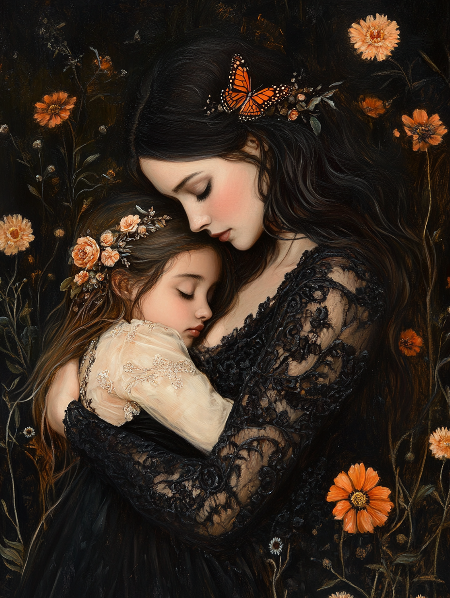 Mother Daughter Embrace Pre-Raphaelite Style Painting