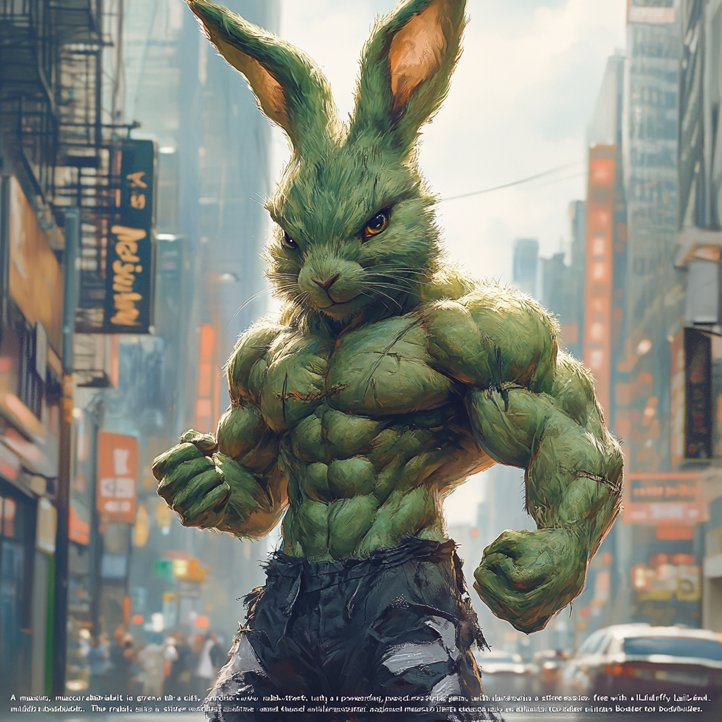 green muscular rabbit city street