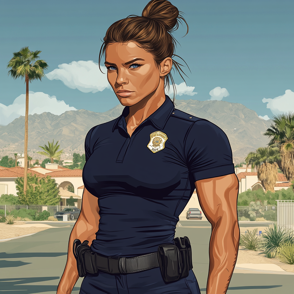 Muscular Police Woman Profile Illustration