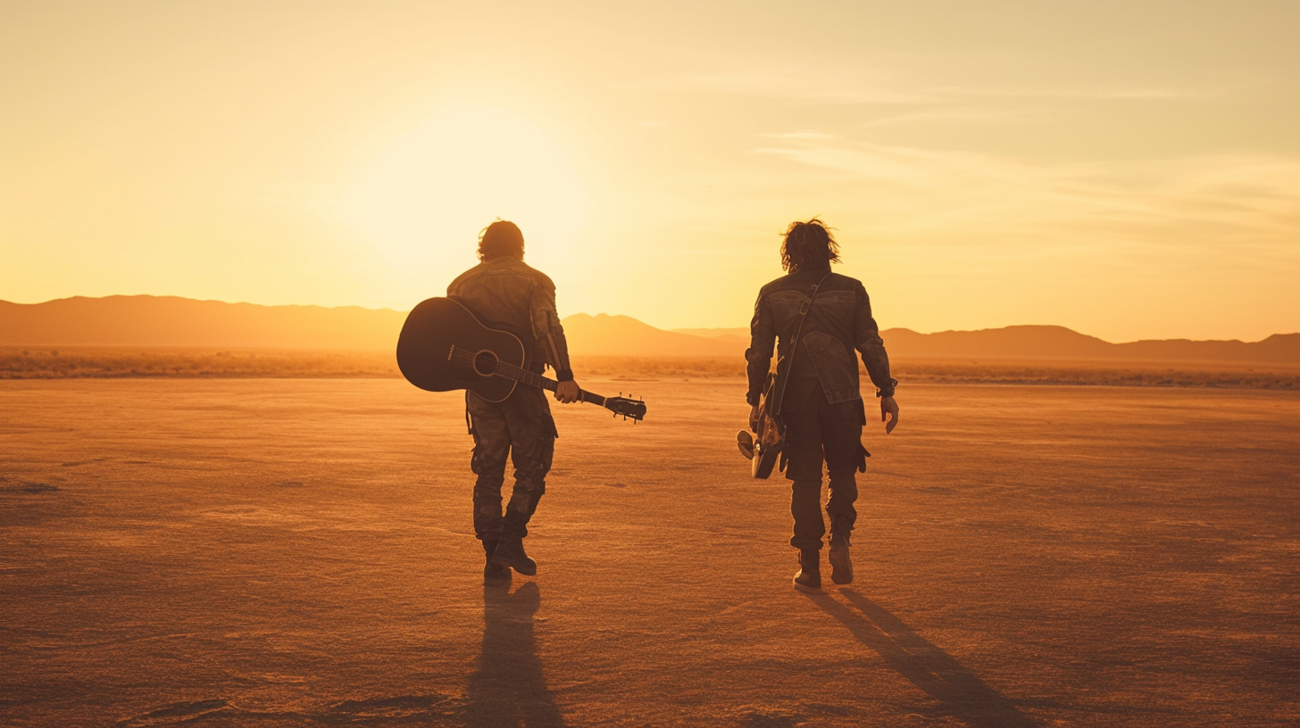 Guitarist and Trumpetist Walking Sunset Desert