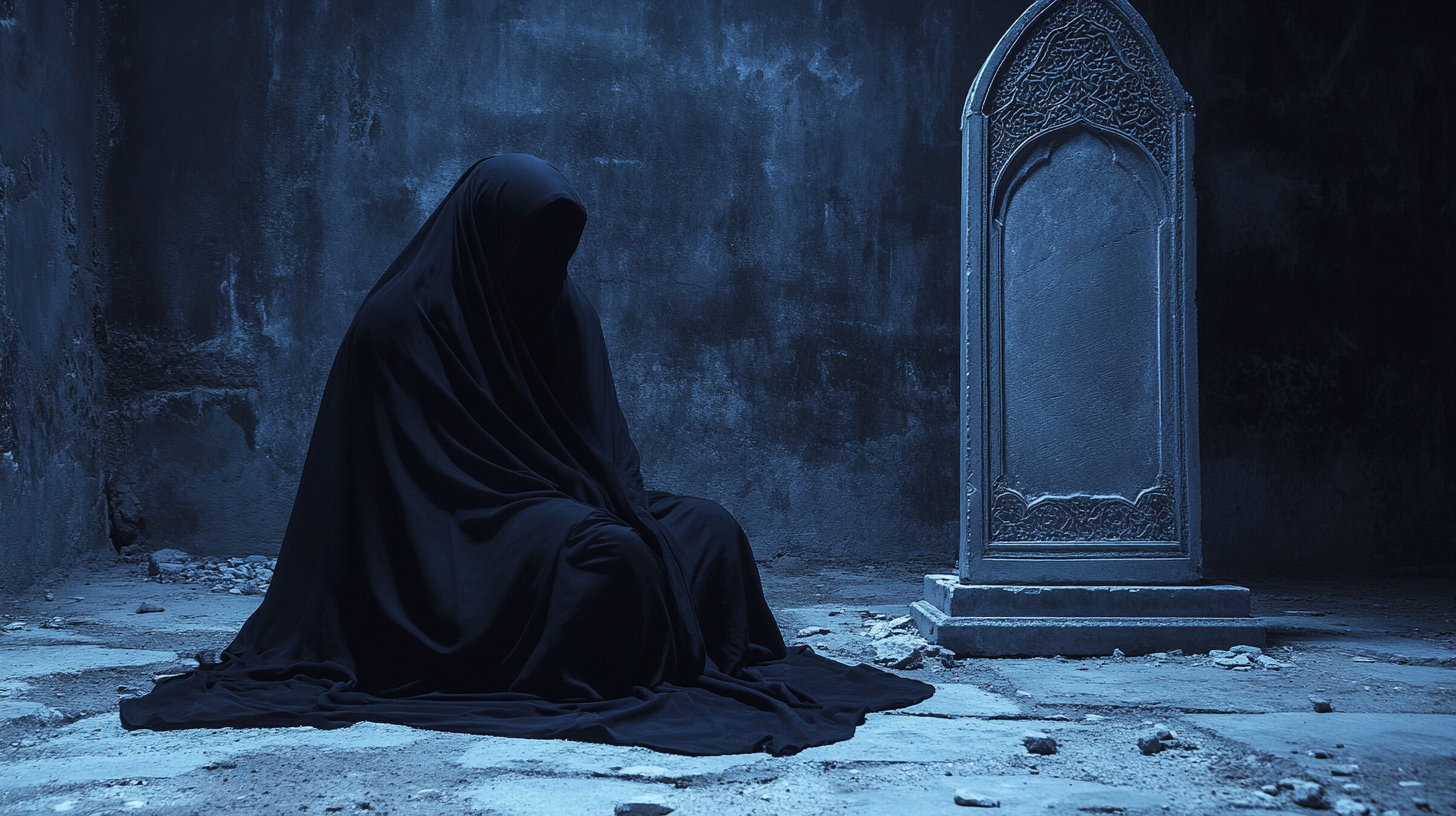 Muslim lady sitting grave somber