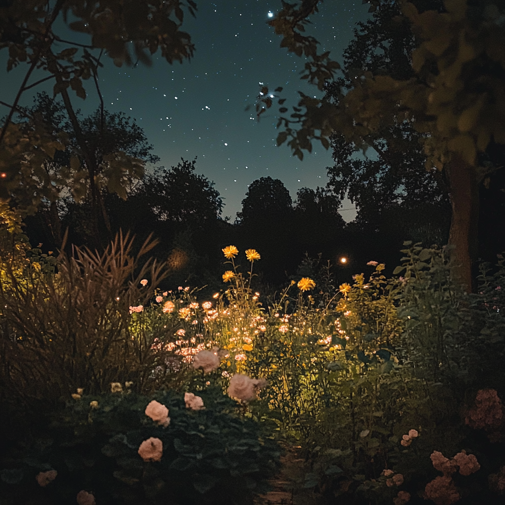 Night garden moon stars flowers